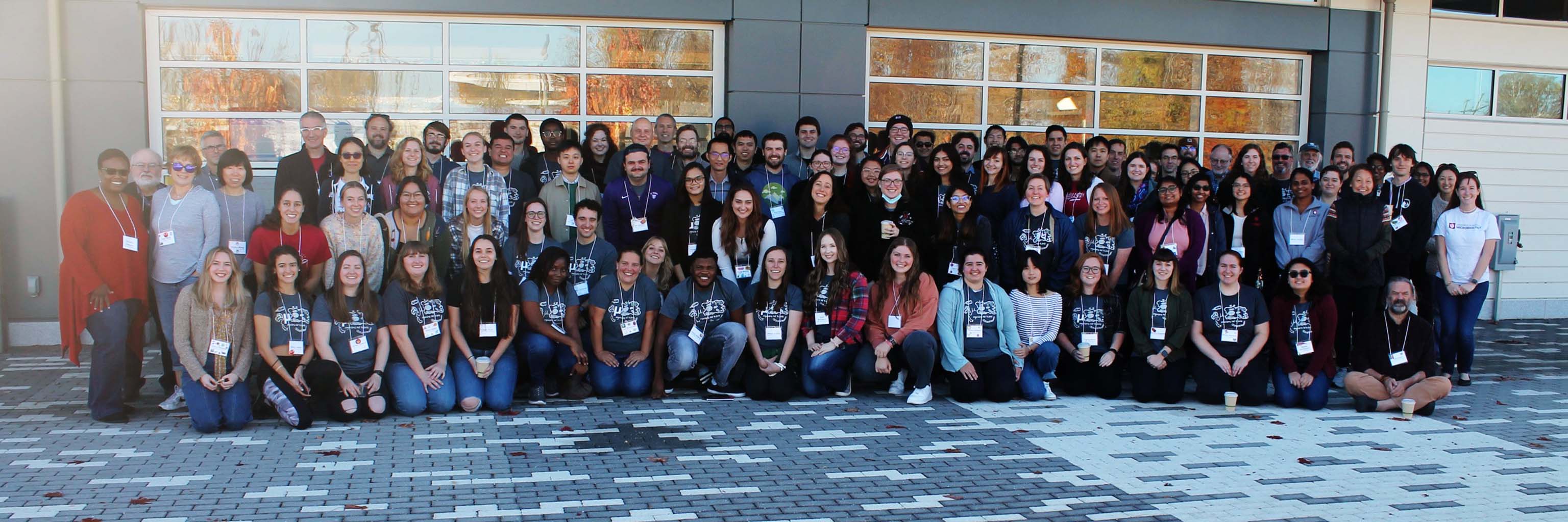 Students, faculty, and staff gather for a group photo during the Annual Micro Retreat on October 29, 2022, at Switchyard Park Pavilion in Bloomington, IN.