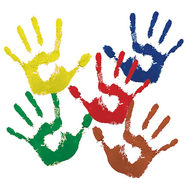 Children's hand prints of yellow, blue, red, brown, and green with a heart in the center of each palm.