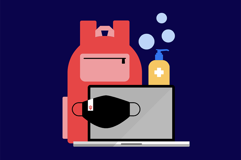 Graphic with face mask, laptop computer, backpack, and hand sanitizer.