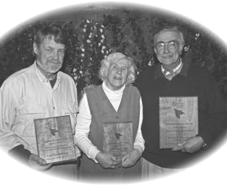 Don Whitehead (right), receiving Sassafras Audubon Society's Lifetime Conservationist Award at annual banquet in March 2008. Other award recipients pictured are Lee Sterrenburg and Ruth Reichman.  Photo by Susan Hengeveld.