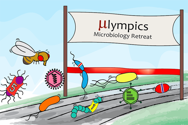Cartoon with a Microbiology Retreat Olympics banner stretched across the finish line to which various colorful microbes are racing.