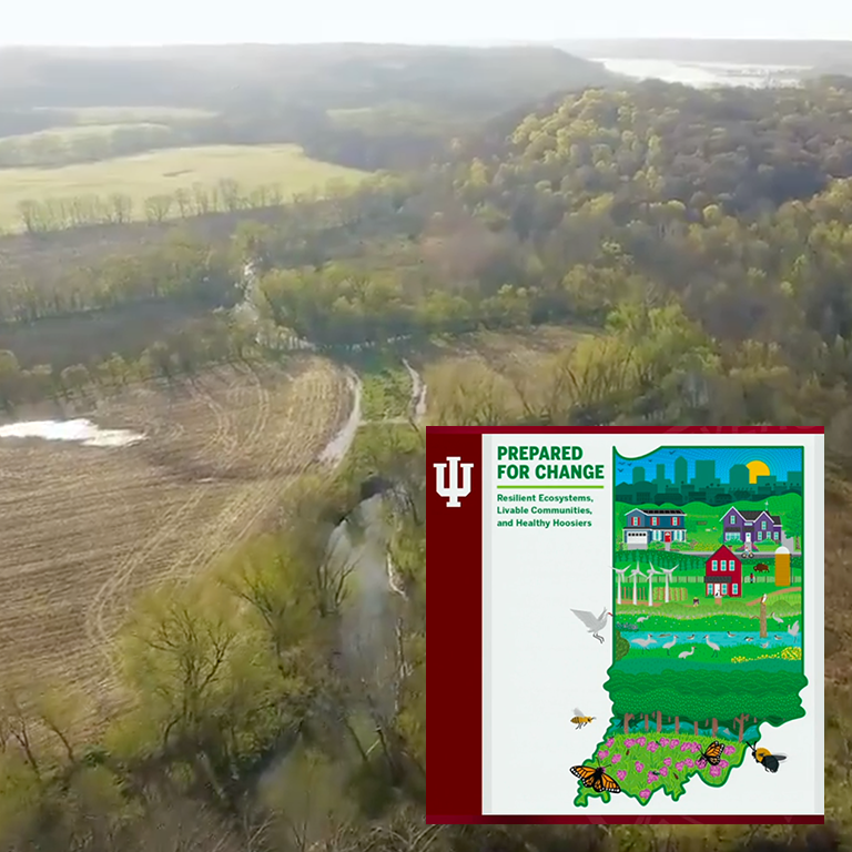 Aerial photo of Indiana landscape (field, stream, wooded hills, and lake) and the Prepared for Change logo.