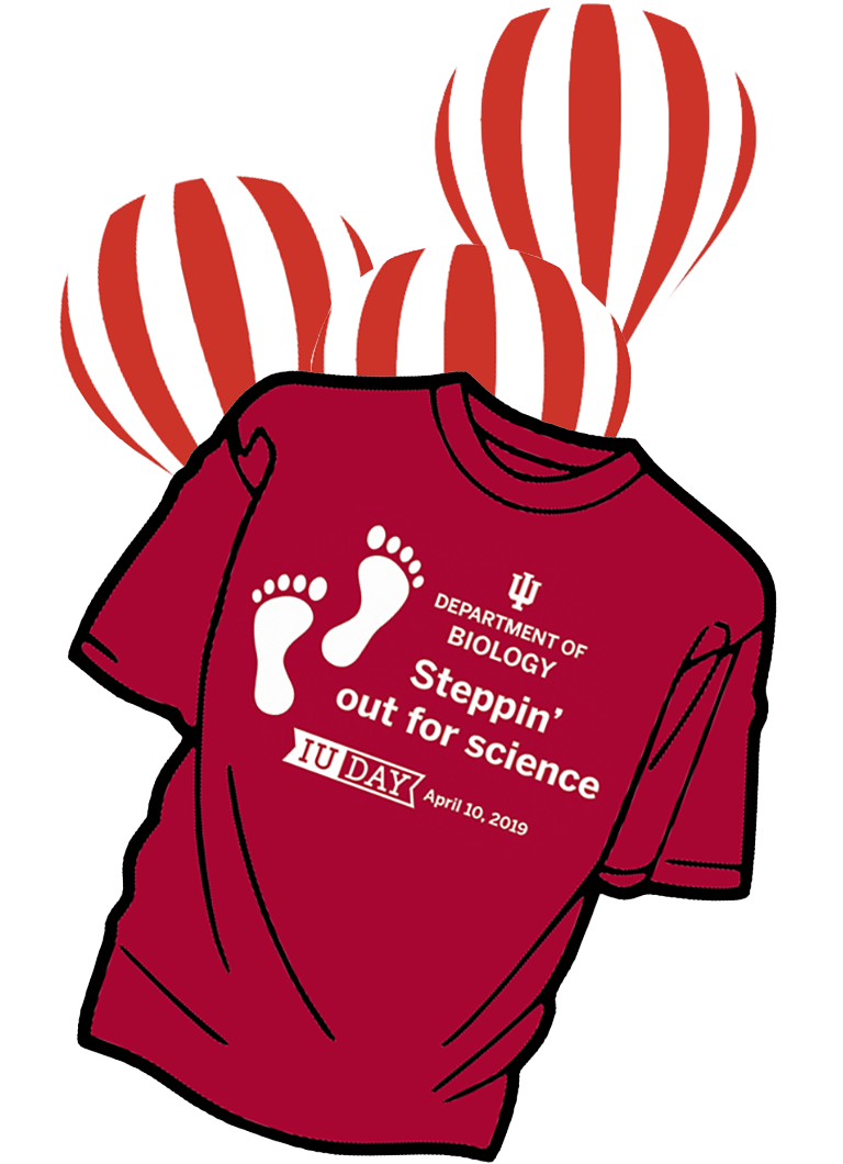 Steppin' out for science t-shirt: red shirt with white footprints and Steppin' out for science text.
