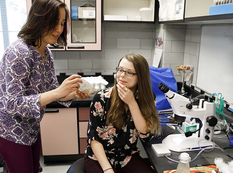 Irene Newton and Kaeli Bryant examine a container of fruit flies in Newton's lab.