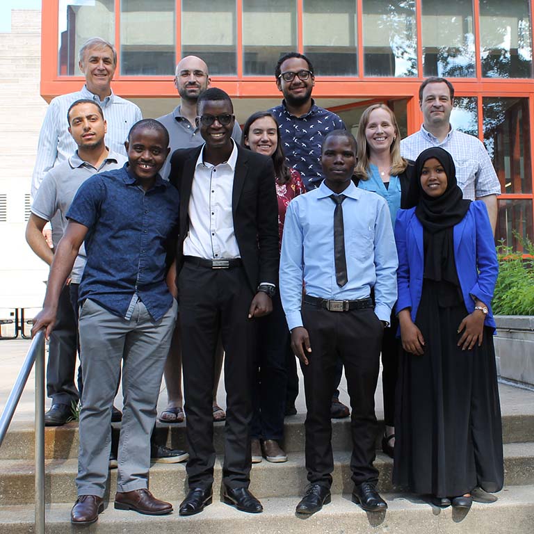 Group photo of those associated with 2019 IU Summer Research Program: Front row (left to right): Gabriel Muhire Gihana (IU PhD student) and Moi University students Jonah Masika, Erick Wabwire, and Batula Robow. Middle row: Ahmed Ghobashi (IU PhD student), Annie McKenzie (IU PhD student), and Soni Lacefield (Associate Professor of Biology). Back row: David Daleke (Associate Dean of the University Graduate School and Vice Provost for Graduate Education and Medical Sciences), Daniel Schwab (IU postdoc), Moustafa Saleh (IU PhD student), and Greg Demas (Professor of Biology, Chair of Dept. of Biology).