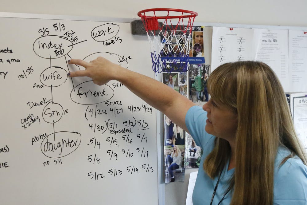 A Salt Lake County Health Department public health nurse points to a board showing a hypothetical case that serves as a training tool to teach new contact tracers how to track all the people they need to reach out to after a person tests positive for COVID-19.