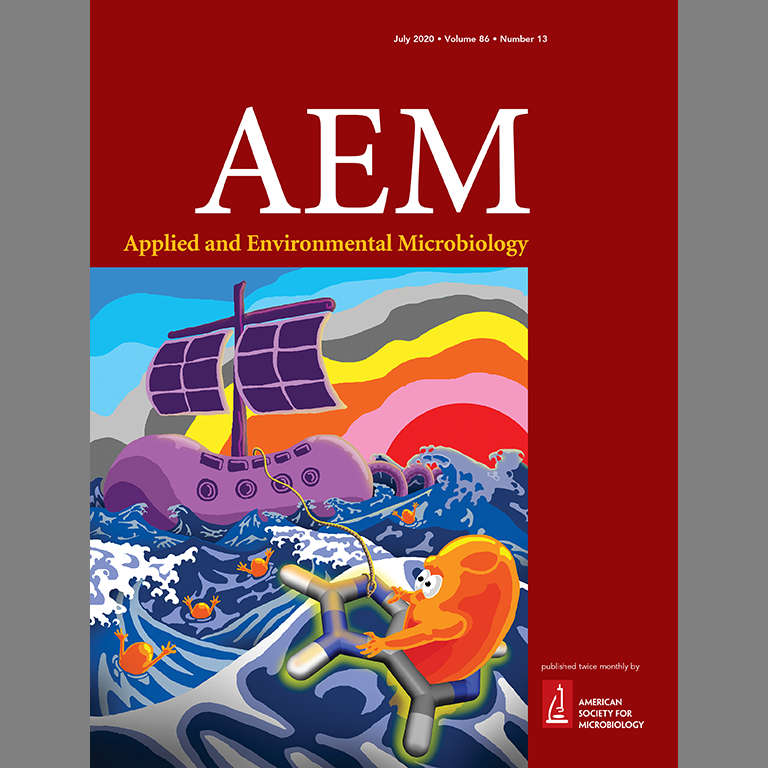 Image of cover of Applied and Environmental Microbiology (AEM) journal July 2020, Vol 86, No 13. The cover image is a colorful drawing that serves as an analogy for the discovery of unexpected purine cross-feeding from Rhodopseudomonas palustris to Escherichia coli through transposon sequencing in a mutualistic coculture, as captioned in AEM “Among a library of E. coli transposon mutants, struggling to stay afloat in a tumultuous sea, an E. coli purine auxotroph is rescued by a purine life ring excreted by the solar-powered vessel, R. palustris."