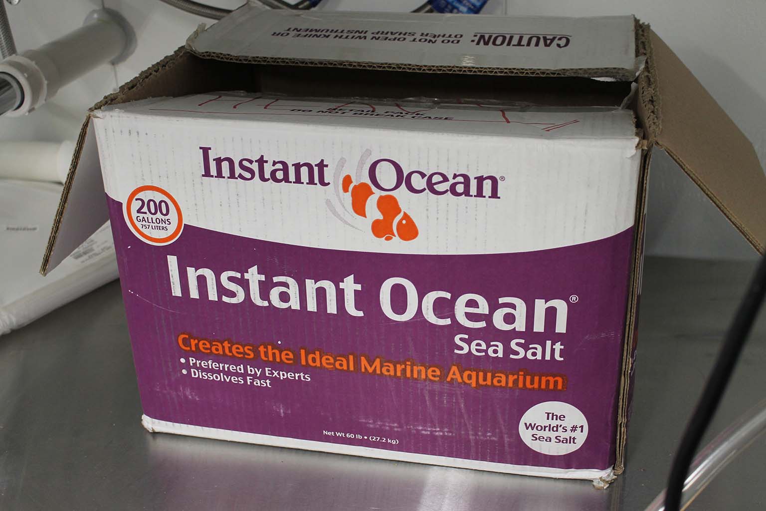 A 60-pound box of "Instant Ocean" sea salt used to create seawater for the coral tanks.