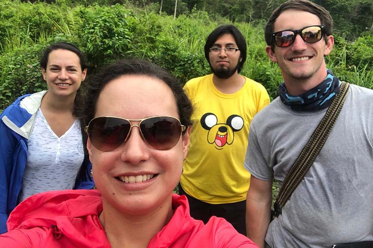 Gibson and research colleagues in the field (from left to right):  Gabriella Pozo, Maria Jose Pozo, Diego Urquia, and Matt Gibson.  Taken in Esmeraldas, Ecuador.