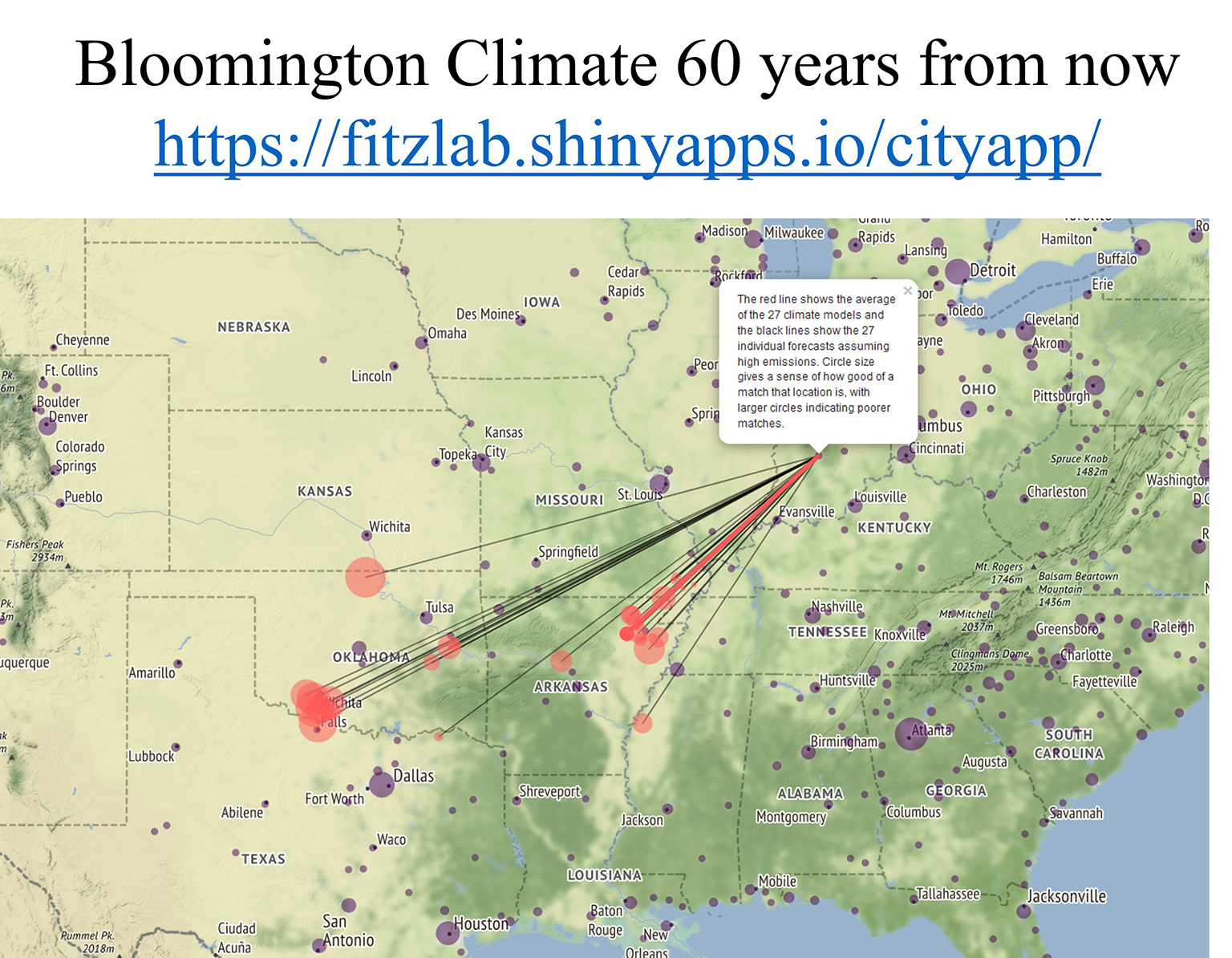 A map projecting how Bloomington, Ind.’s climate will compare to present-day cities in the southwest US in 60 years (2082).  The map averages 27 climate models, indicating that Bloomington's climate could be more like that of Wichita Falls, Texas; the Kansas-Oklahoma border; or northeastern Arkansas.
