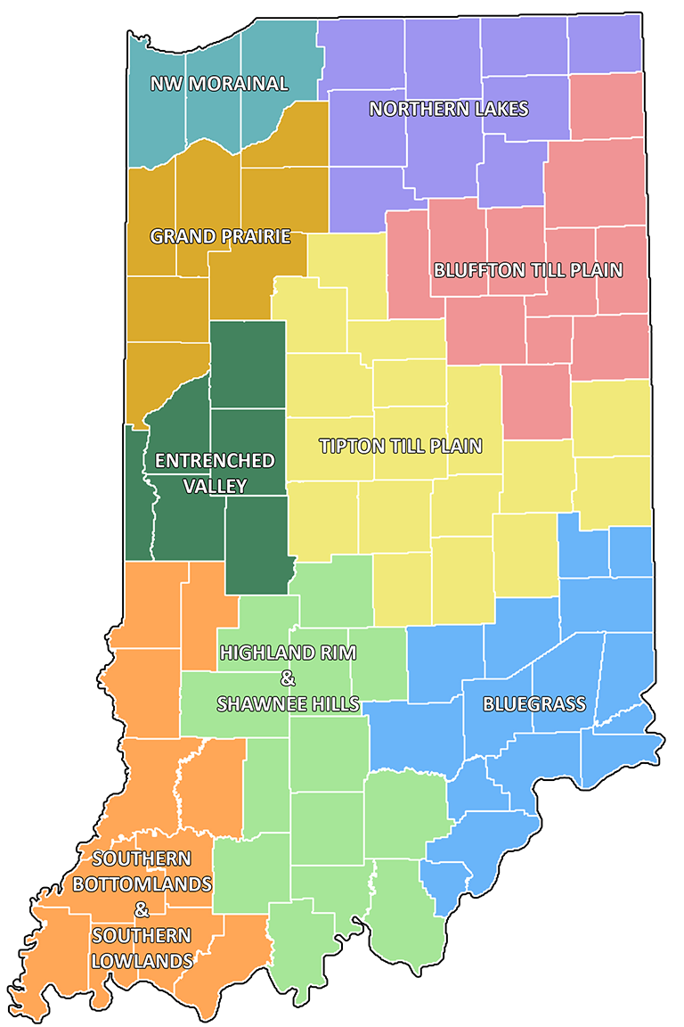 A map of Indiana delineating the nine ecoregions.