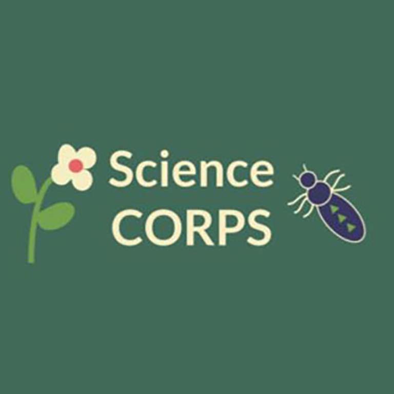 Science Corps logo: The words Science CORPS are centered in the middle of a green square. To the left of the words is a  line drawing of a daisy-like flower; to the right, a line drawing representing an insect.