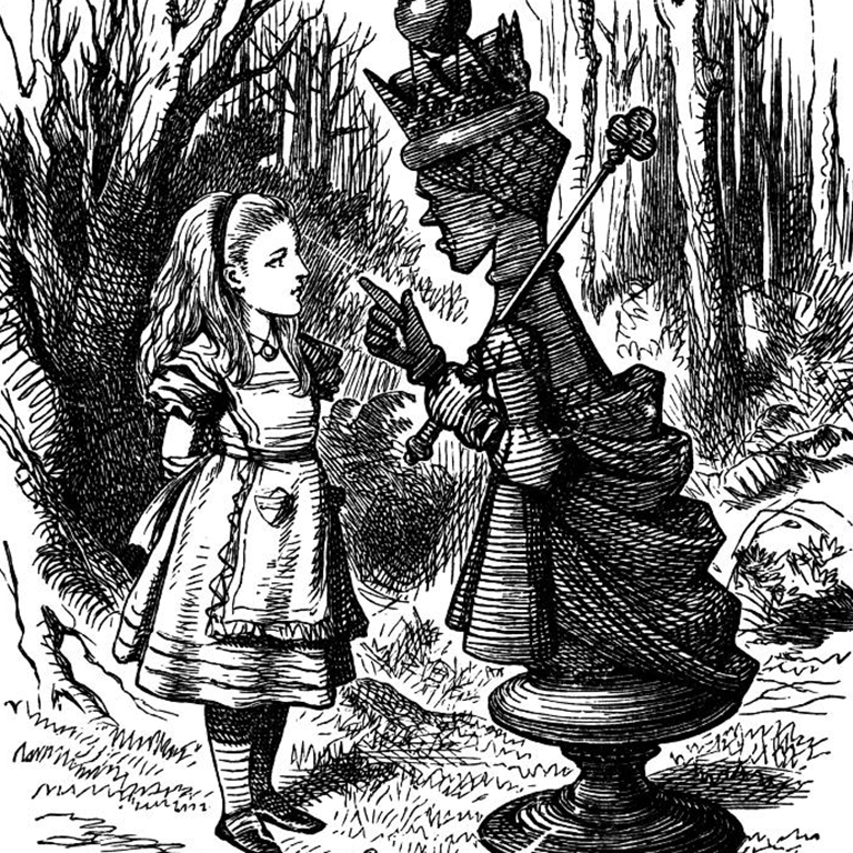 Tenniel's drawing of Alice with the Red Queen.  From Lewis Carroll's book, Through the Looking Glass.
