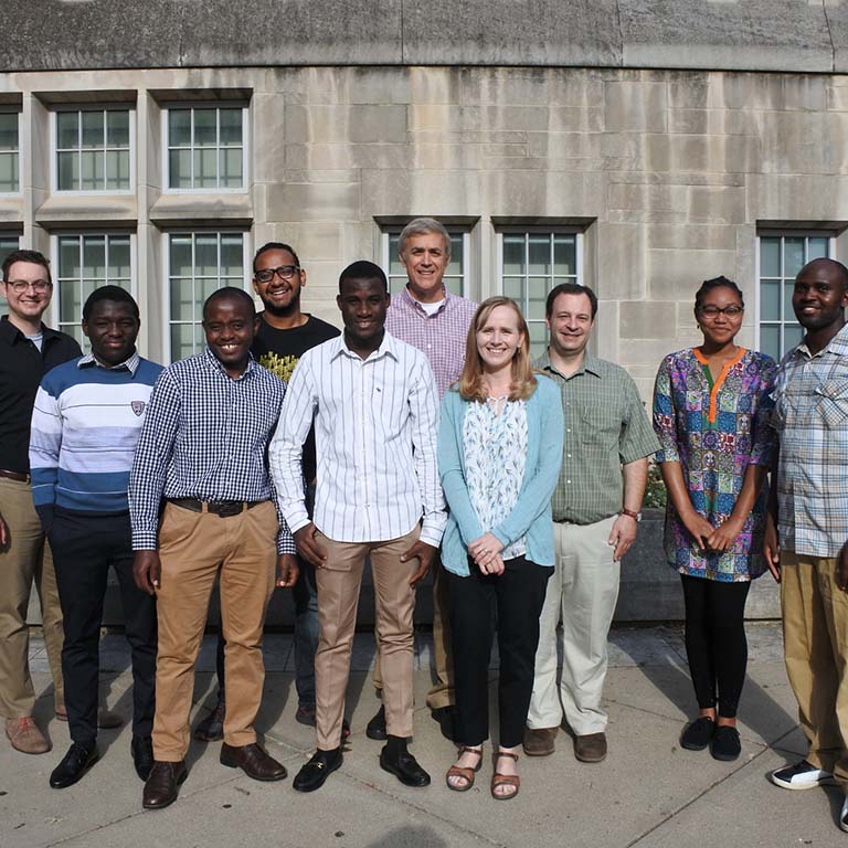 Organizers and participants in the IU Bloomington Department of Biology's inaugural summer research program for African students, front row from left, Ishola Peter Gbenga, Gabriel Muhire Gihana, Ahmed Oloruntoba, Soni Lacefield, Greg Demas, Maureen Onyeziri and IU Ph.D. student Nelson Chepkwony. Back row from left are Joey Wooley, IU Ph.D. student Moustafah Saleh and David Daleke.