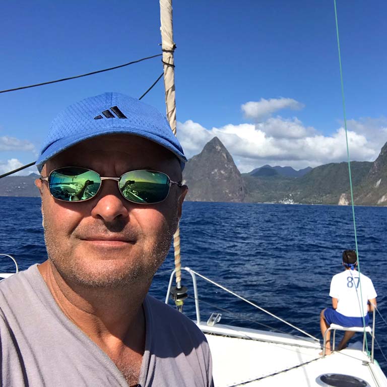 Professor Dan Tracey on his boat during his "sea-batical" (sabbatical).