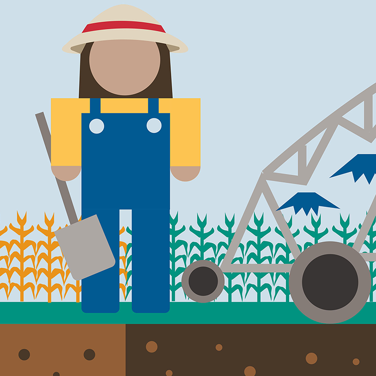 The illustrated graphic shows a farmer figure in blue overalls and a yellow shirt. The farmer is standing in the middle of the page with a shovel. A blue sky background is behind the farmer, and the graphic shows light and dark brown dirt below the figure’s feet. To the left of the farmer are yellow corn stalks. To the right of the farmer are green corn stalks and a center-pivot irrigation system. Blue water is being sprayed from the irrigation system.