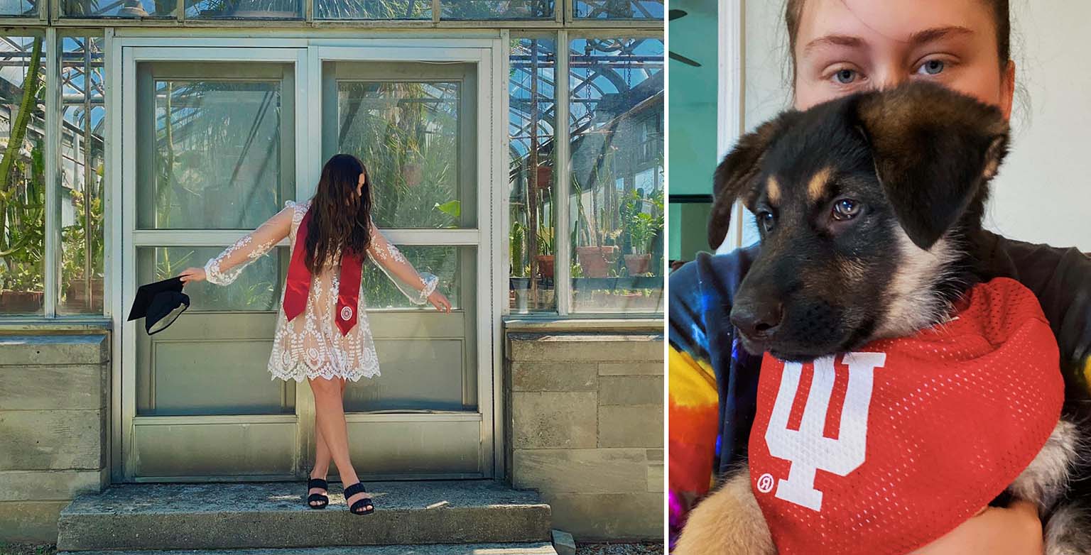 LEFT: Madelyn Strausburg (in a beautiful white lace dress and crimson graduation sash with her black graduation cap in hand) poses in front of the Biology Bldg. greenhouse on the IU Bloomington campus in May 2021. RIGHT: Madelyn with her German shepherd puppy; the pup is wearing a red IU bandana.