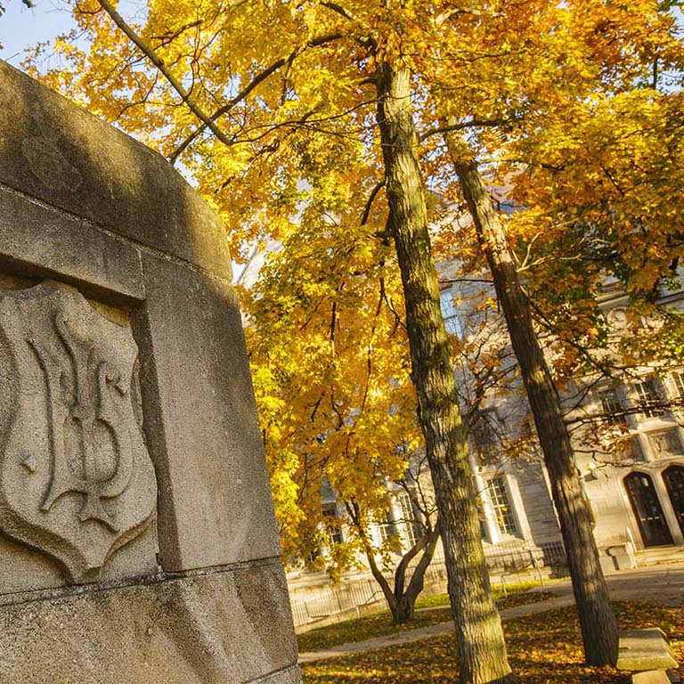 An IU trident is carved into a limestone block pillar. One of the older limestone campus buildings can be seen through the gold fall foliage of two tall trees.
