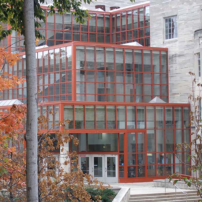 Looking up the steps toward the reddish-orange-framed windows of the Biology Building atrium. Trees in autumn colors frame the left side of the photo.