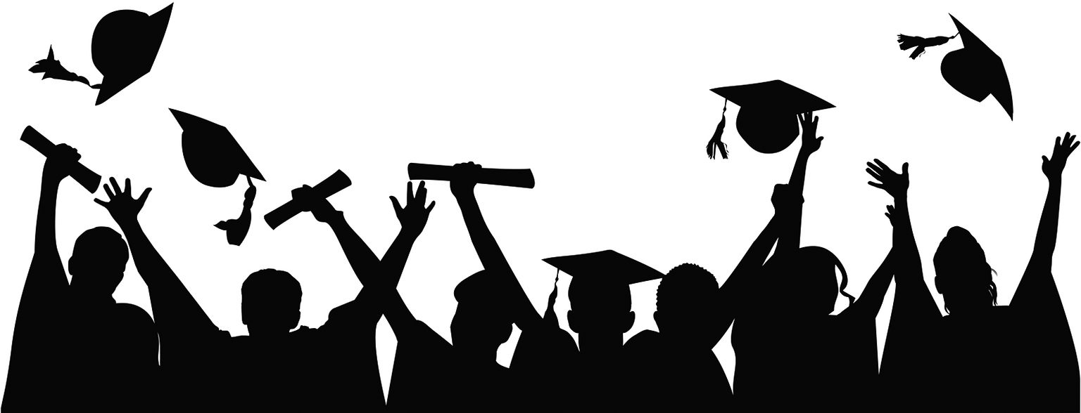 Silhouettes of graduating students with their arms in the air. Some are tossing up their caps. Others hold diplomas in their hands.